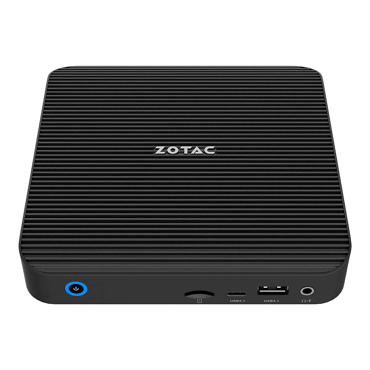 Mini-PC ZOTAC noir, surface nervurée, nom de la marque, bouton d'alimentation bleu, ports USB et prise audio.