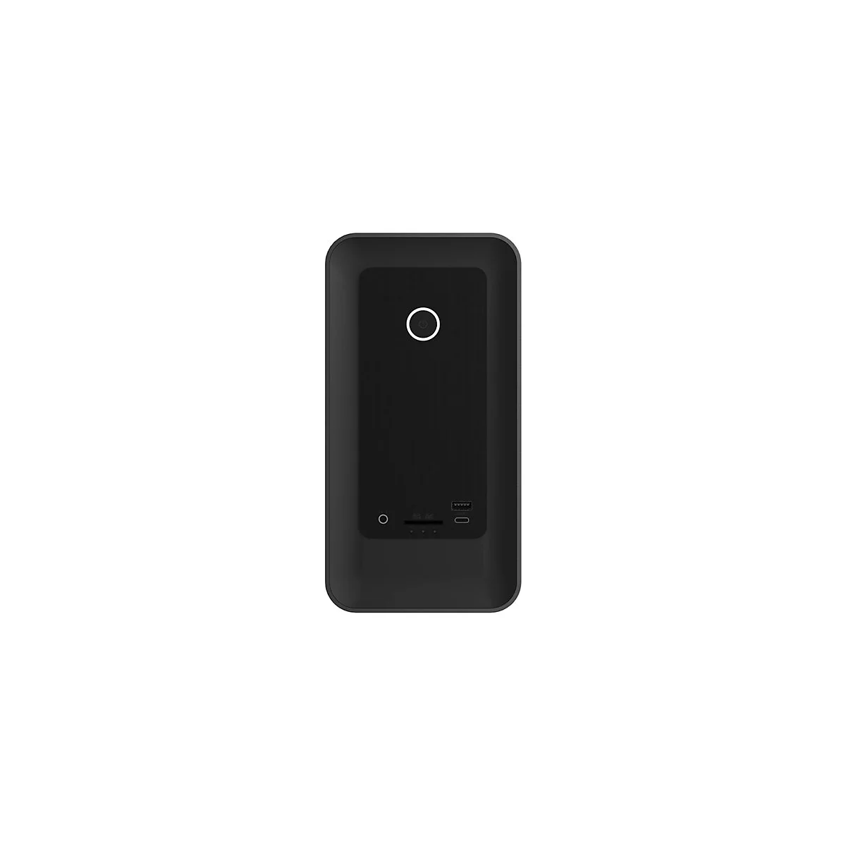 Appareil noir avec une surface lisse, un cercle et un port USB. Sur fond blanc.