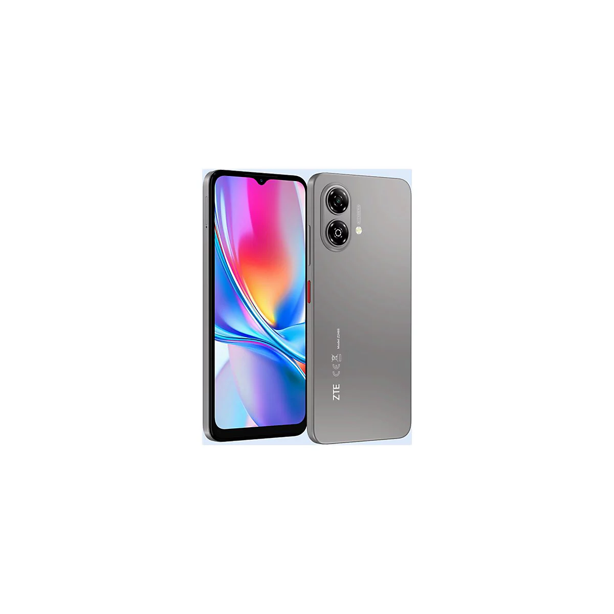 Graues Smartphone mit schwarzem Rahmen, Display mit buntem Muster, Rückseite mit Kamera und Logo.