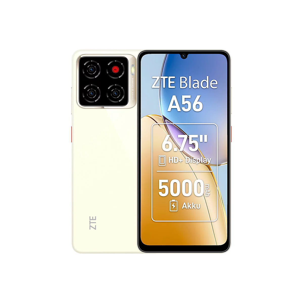 Hellgelbes Smartphone ZTE Blade A56. Auf dem Display stehen Informationen wie Akkukapazität und Displaygröße. Auf der Rückseite ist das ZTE Logo und eine Kamera.