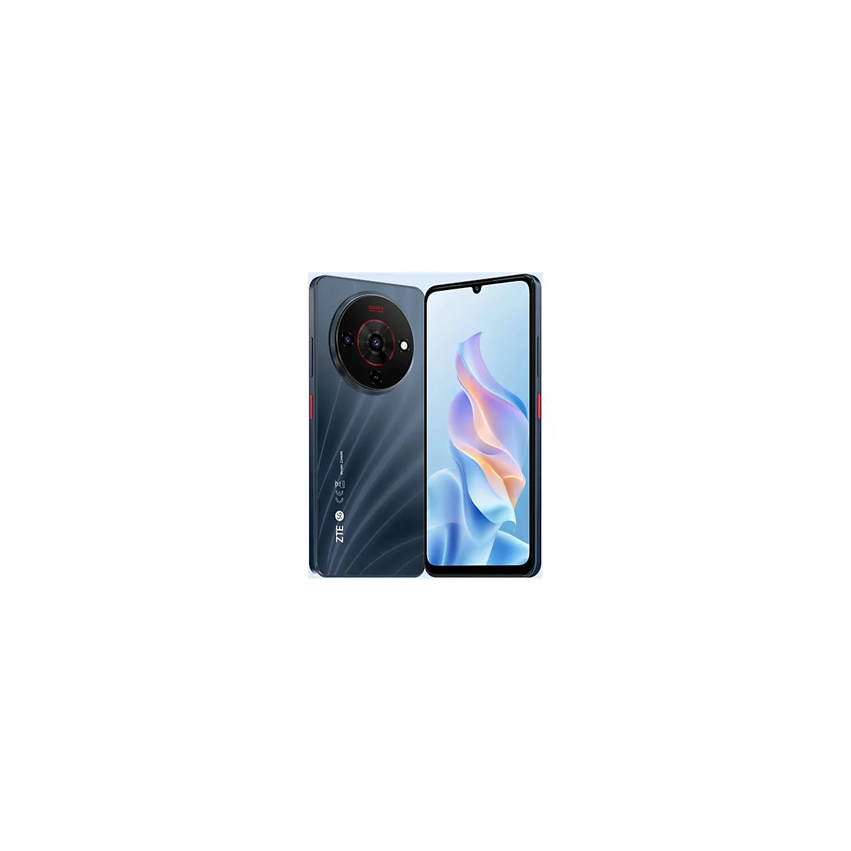 Zwei Smartphones. Eins ist von hinten zu sehen, mit großem Kamera Modul und rotem Knopf. Das andere zeigt das Display, mit blauem Hintergrund.