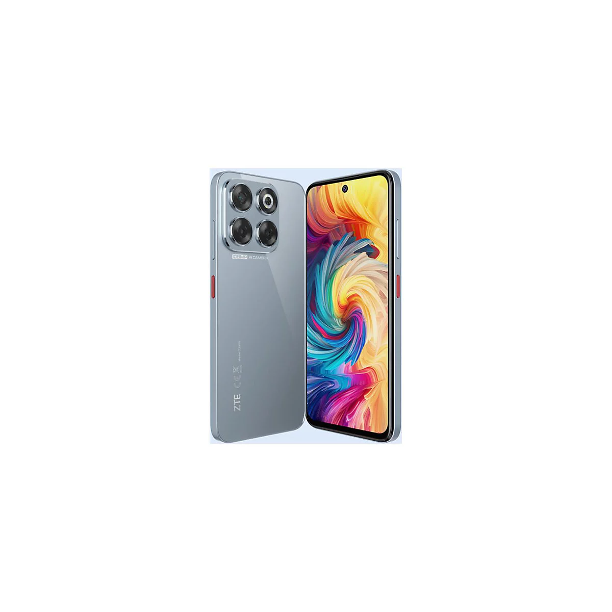 Hellblaues Smartphone mit vier Kameras auf der Rückseite und bunten Farben auf dem Bildschirm. Seitlich sind rote Knöpfe zu sehen.