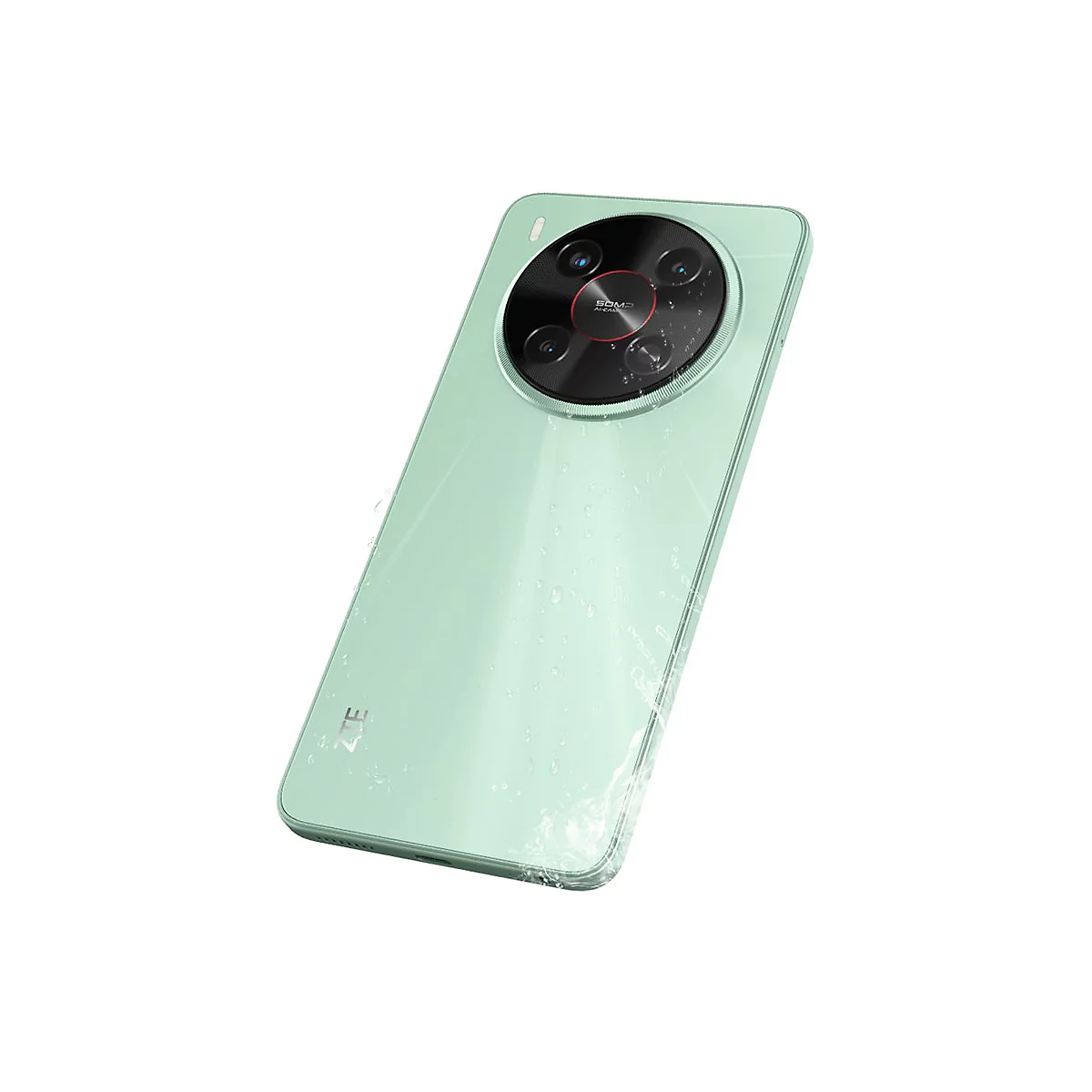 Hellgrünes Smartphone, leicht schräg von hinten gezeigt, mit Wasserspritzern. Deutlich sichtbar: Kamera-Setup, Logo und 50MP-Aufschrift.