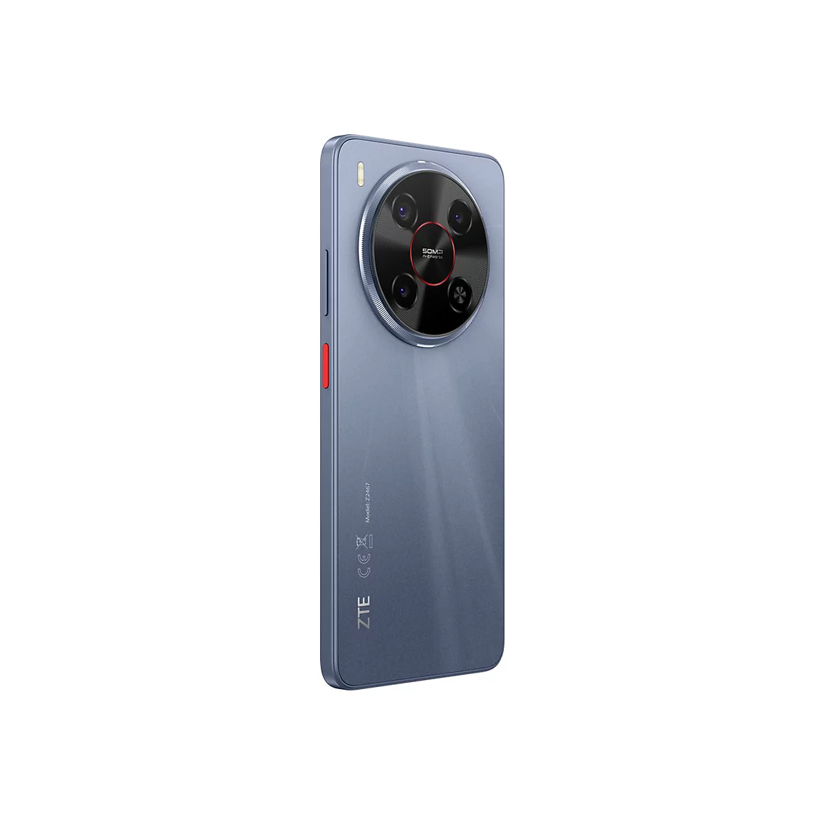 Blaues Smartphone im Profil. Runde Kameraeinheit, roter Power-Button, ZTE-Logo.