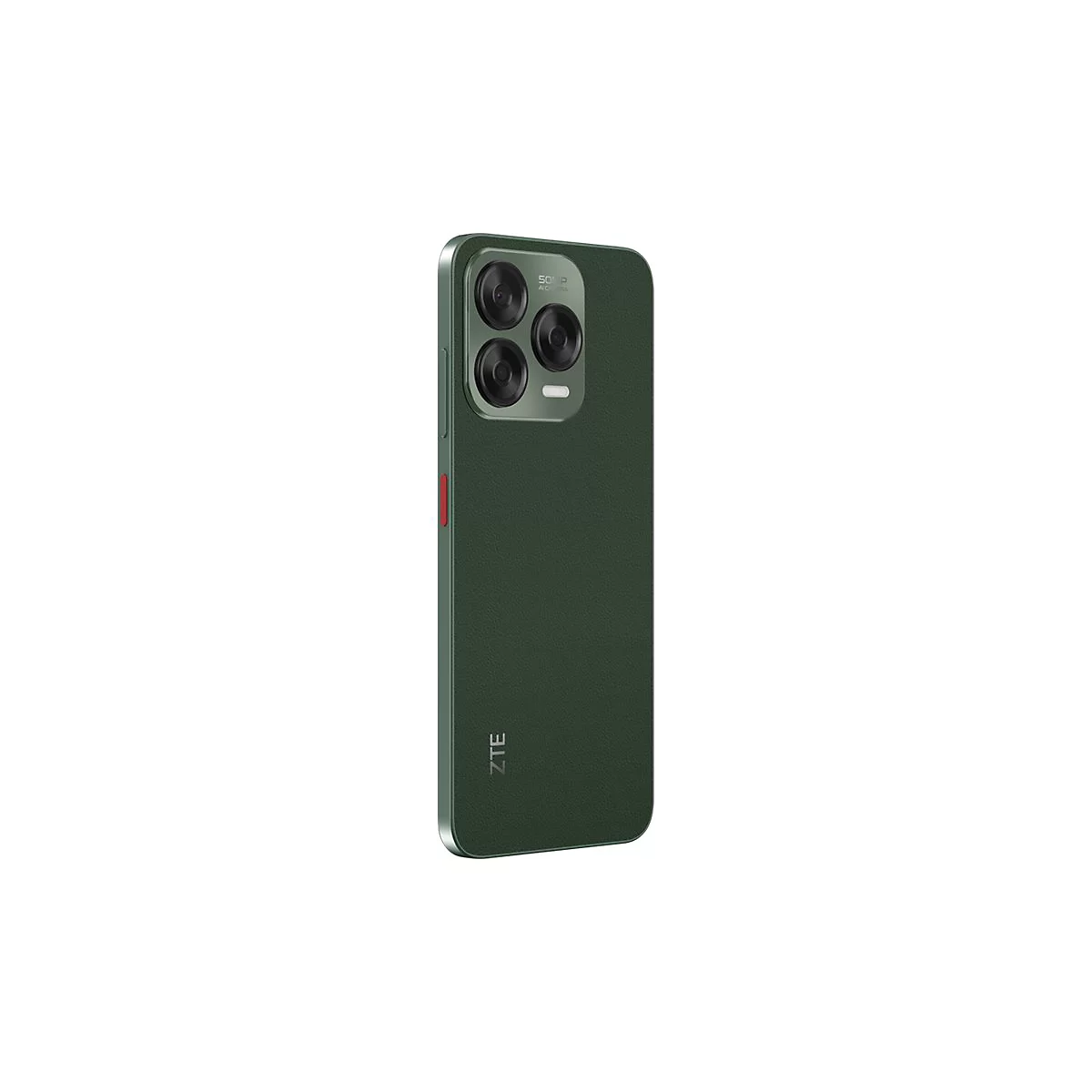 Dunkelgrünes Smartphone mit drei Kameras, silberfarbenen Rändern und roter Taste. Text: ZTE.