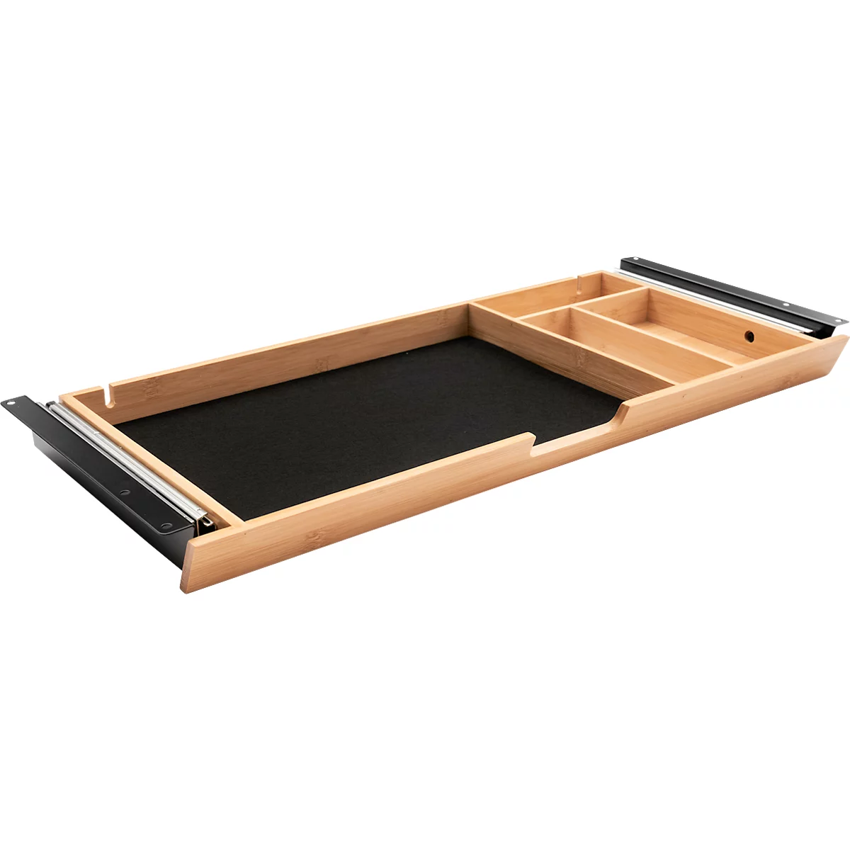 Zubehörschublade für die Montage unter Schreibtischen, kugelgelagert, Kabelführung, herausnehmbare Filzmatte, B 585 x T 243 x H 43 mm, Bambusholz