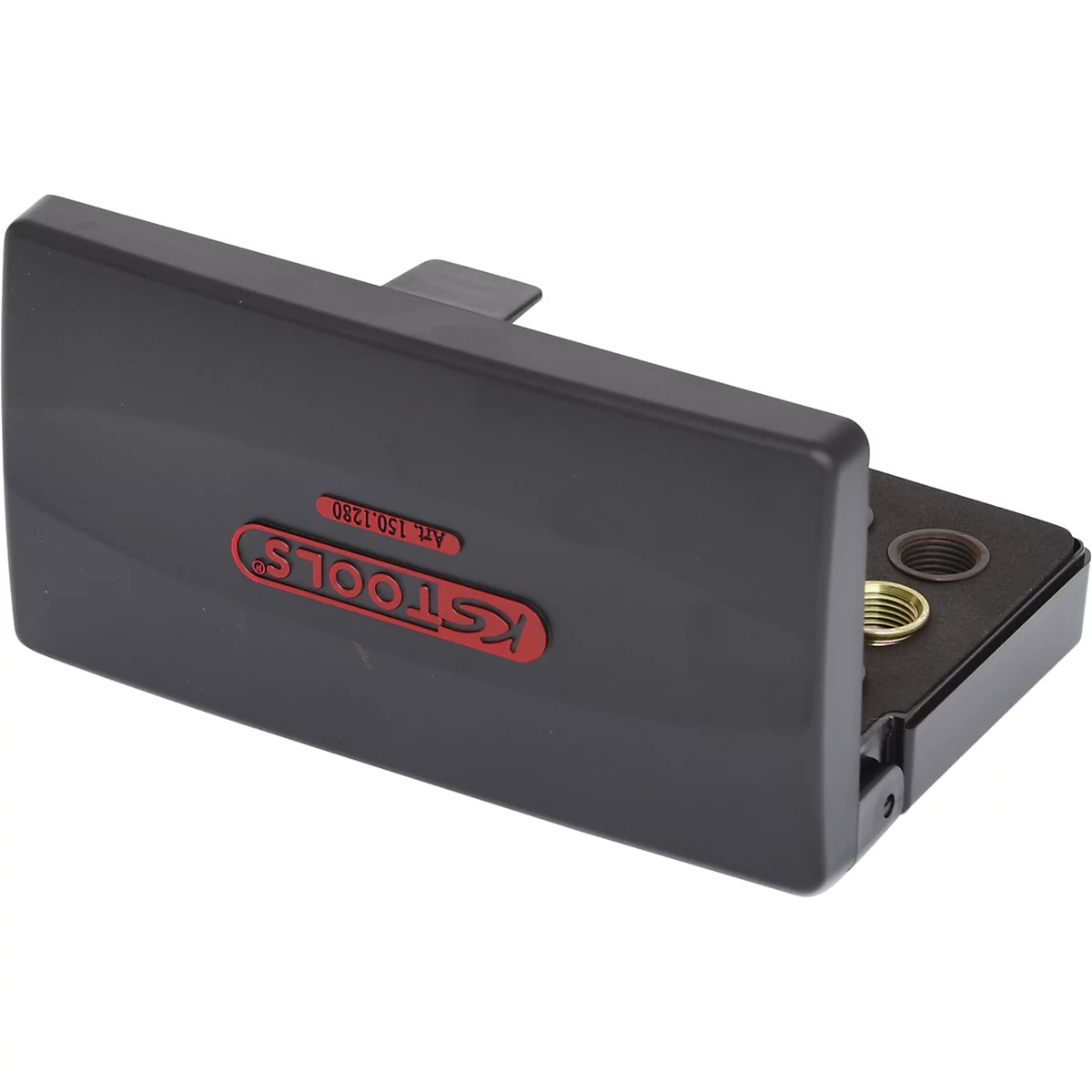 Grauer Werkzeugkoffer mit rotem KSTOOLS-Schriftzug. Der Deckel ist halb geöffnet, im Inneren befinden sich Teile.