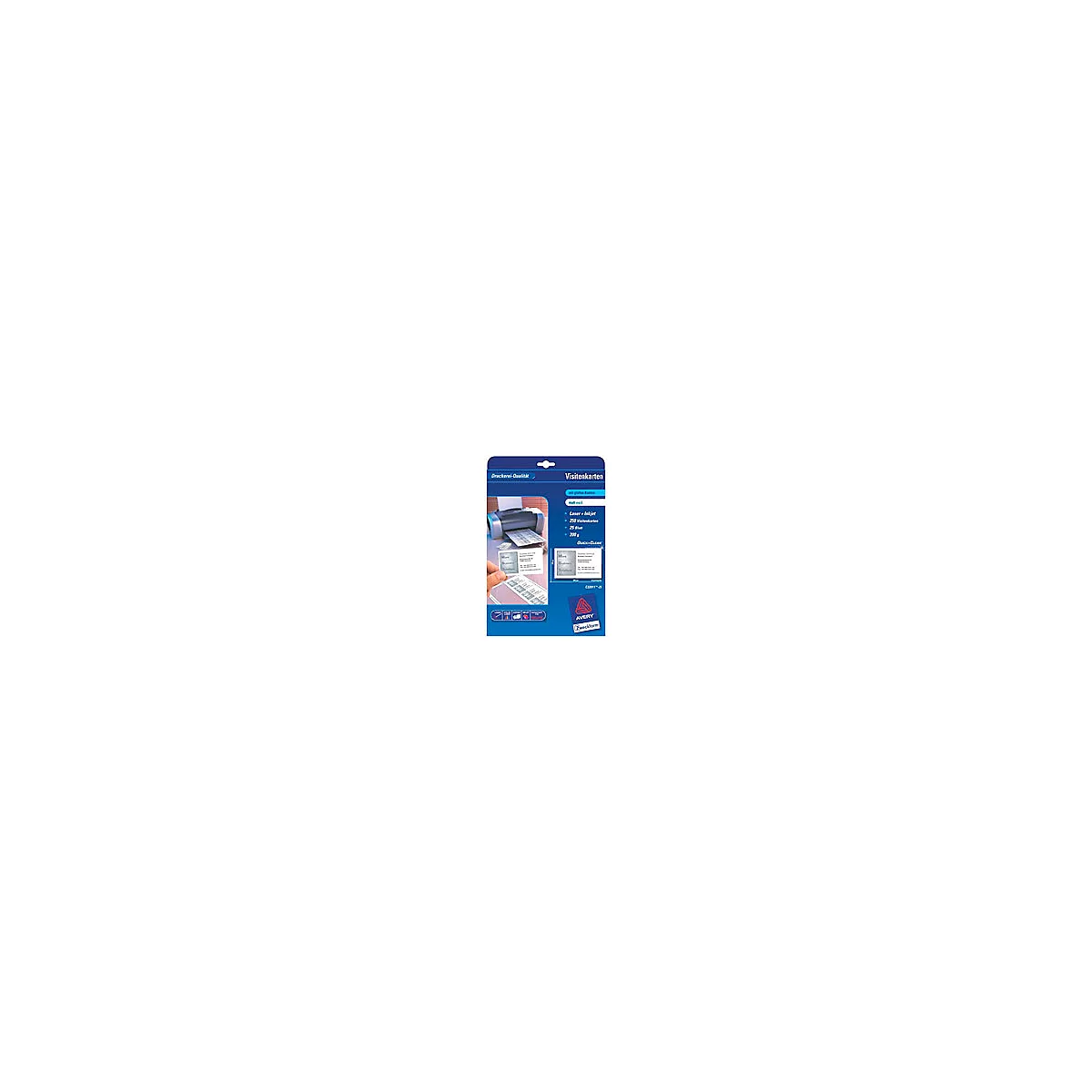 Druckverpackung von Visitenkarten mit Produktabbildung und Drucker im Hintergrund. Text: Visitenkarten, matt weiß, Laser + Inkjet, 250 Visitenkarten, 25 Blatt, 200g.