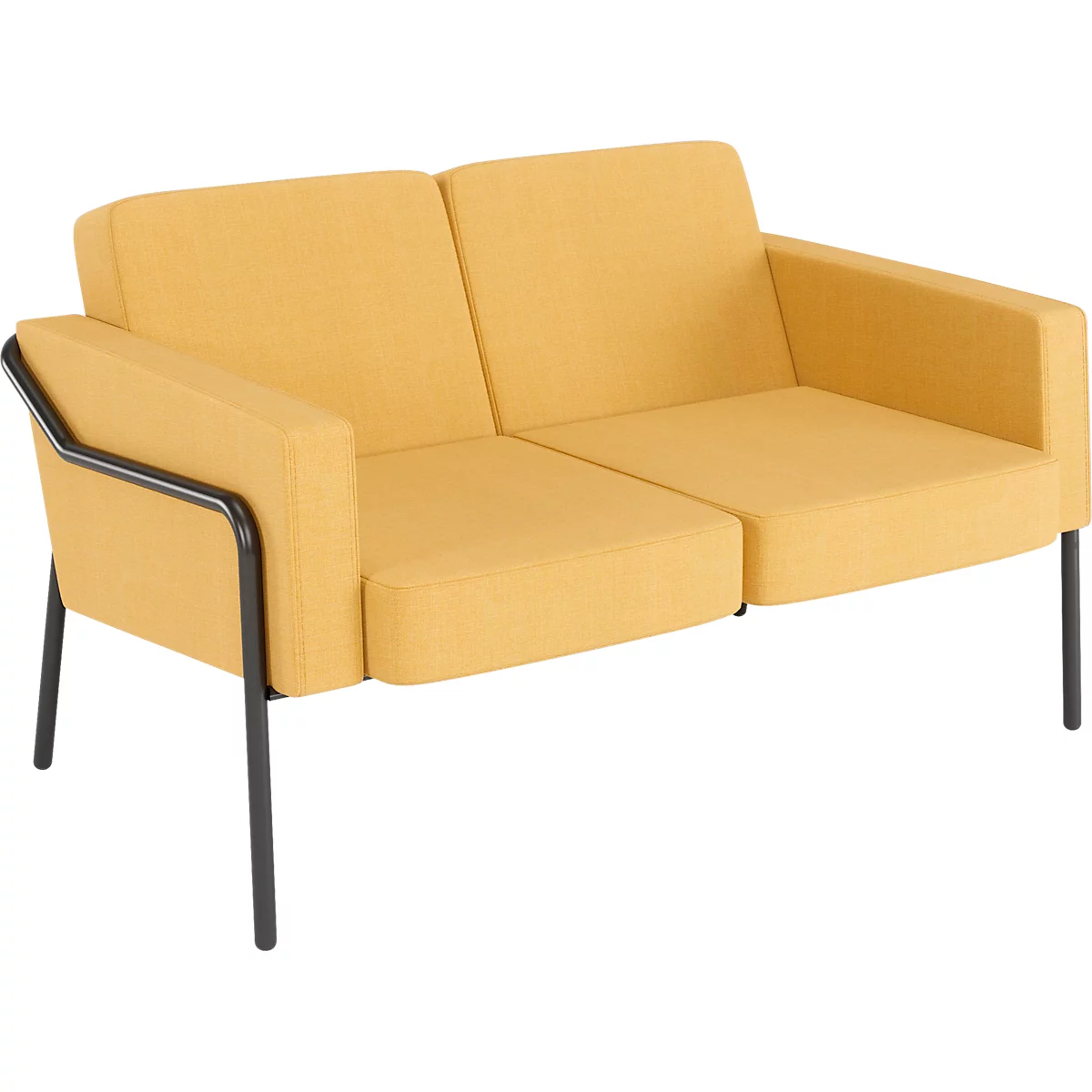 Gelbes 2-Sitzer-Sofa mit schwarzem Metallgestell. Gepolsterte Sitzfläche und Rückenlehne. Modernes Design.