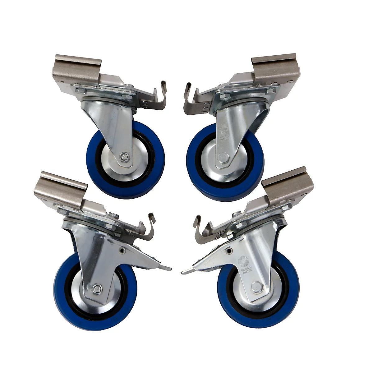 Zwenkwielen voor transportbakken Alutec serie COMFORT/CLASSIC/INDUSTRY, Ø 100 x B 26 x H 128 mm, massief rubber, blauw, 4 stuks