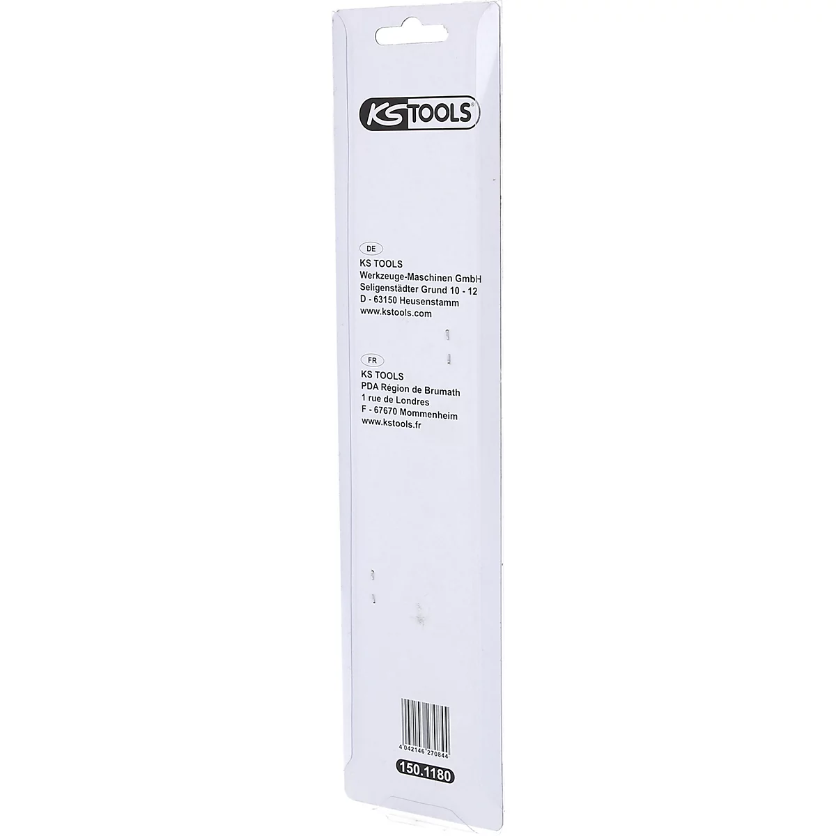 Verpackung eines KS TOOLS Produkts, weiß mit Logo und Barcode. Textinformationen, wie Produktnummern und Kontaktdaten.