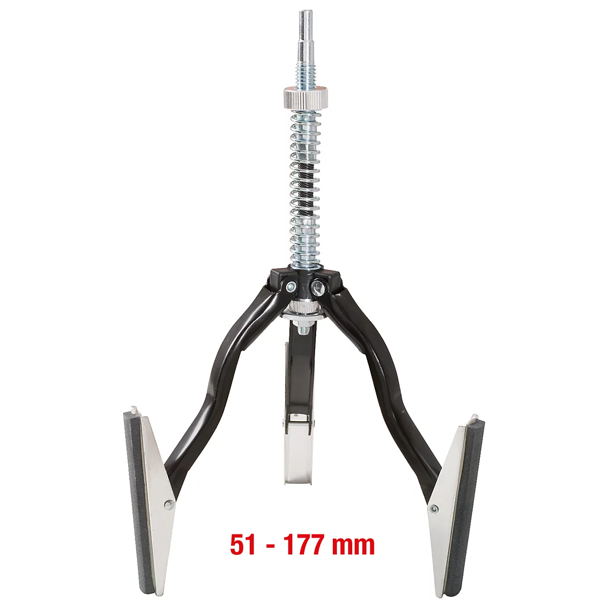 Kolbenring-Spannzange. Schwarz-silbernes Werkzeug mit federbelastetem Mittelteil und drei Armen mit Spannbacken.