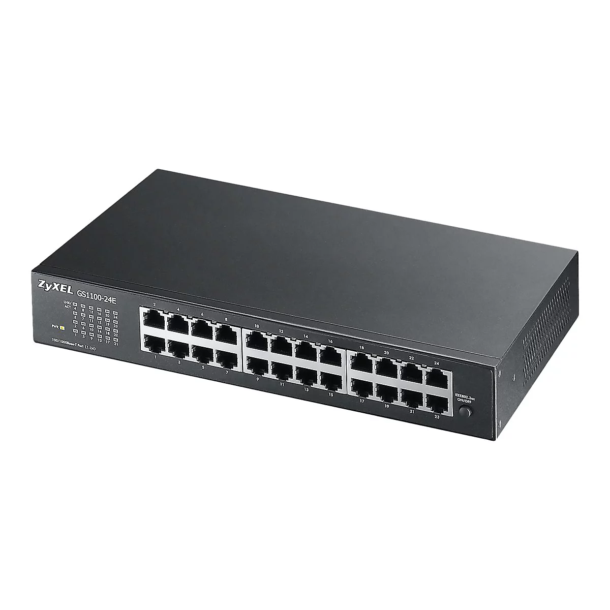 Ein schwarzer Netzwerkswitch von ZyXEL mit 24 Ports. Auf der Vorderseite sind die Ports durchnummeriert, ebenso wie LEDs und ein Einschaltknopf.