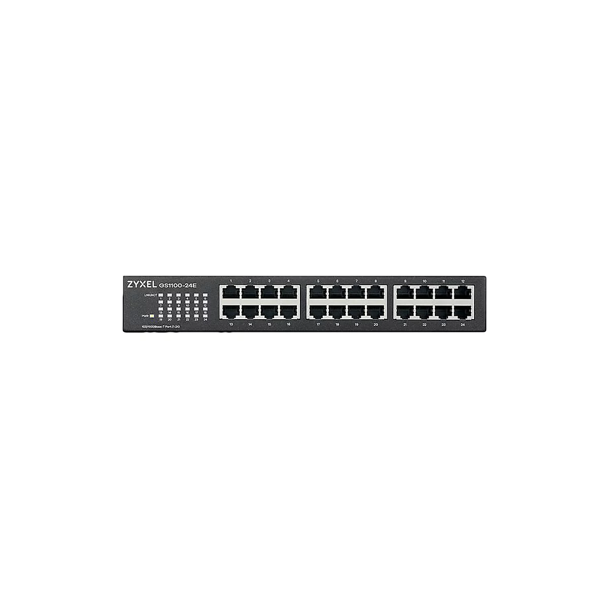 Ein schwarzer Zyxel GS1100-24E Netzwerk-Switch mit 24 Ports, auf weißem Hintergrund.
