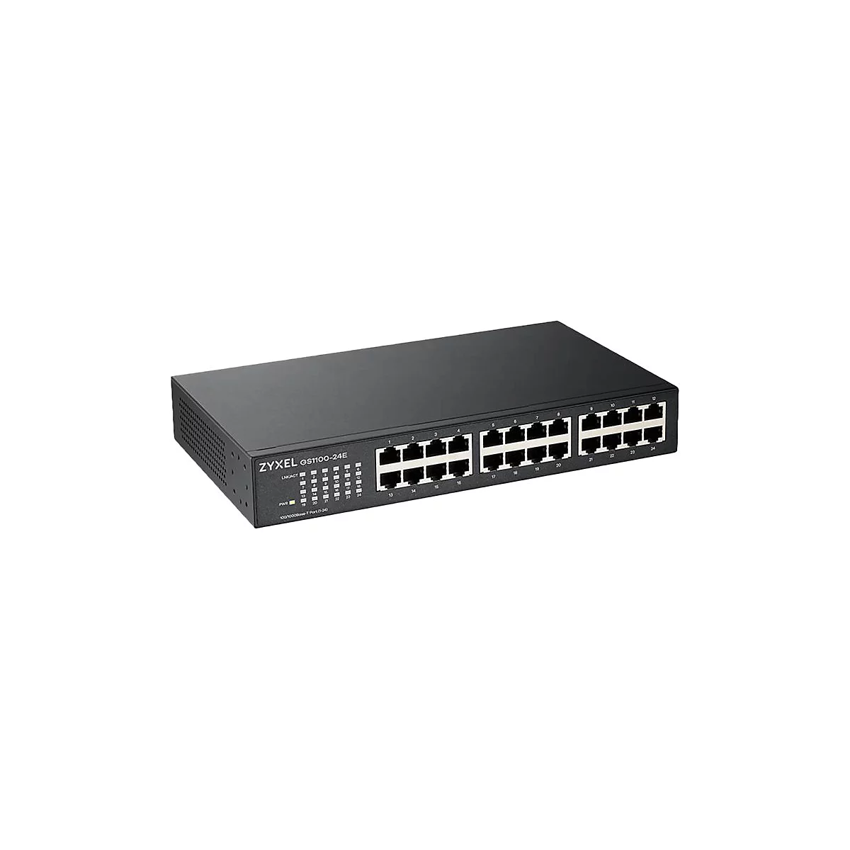 Ein schwarzer Zyxel GS1100-24E Switch, mit Ports und LED-Anzeigen, vor weißem Hintergrund.