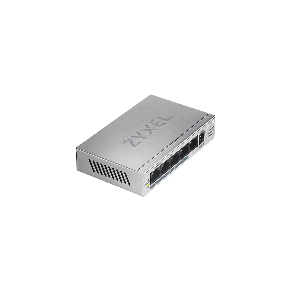 Ein silberner Zyxel Switch mit fünf Ports. Auf der Oberseite steht das Zyxel-Logo.