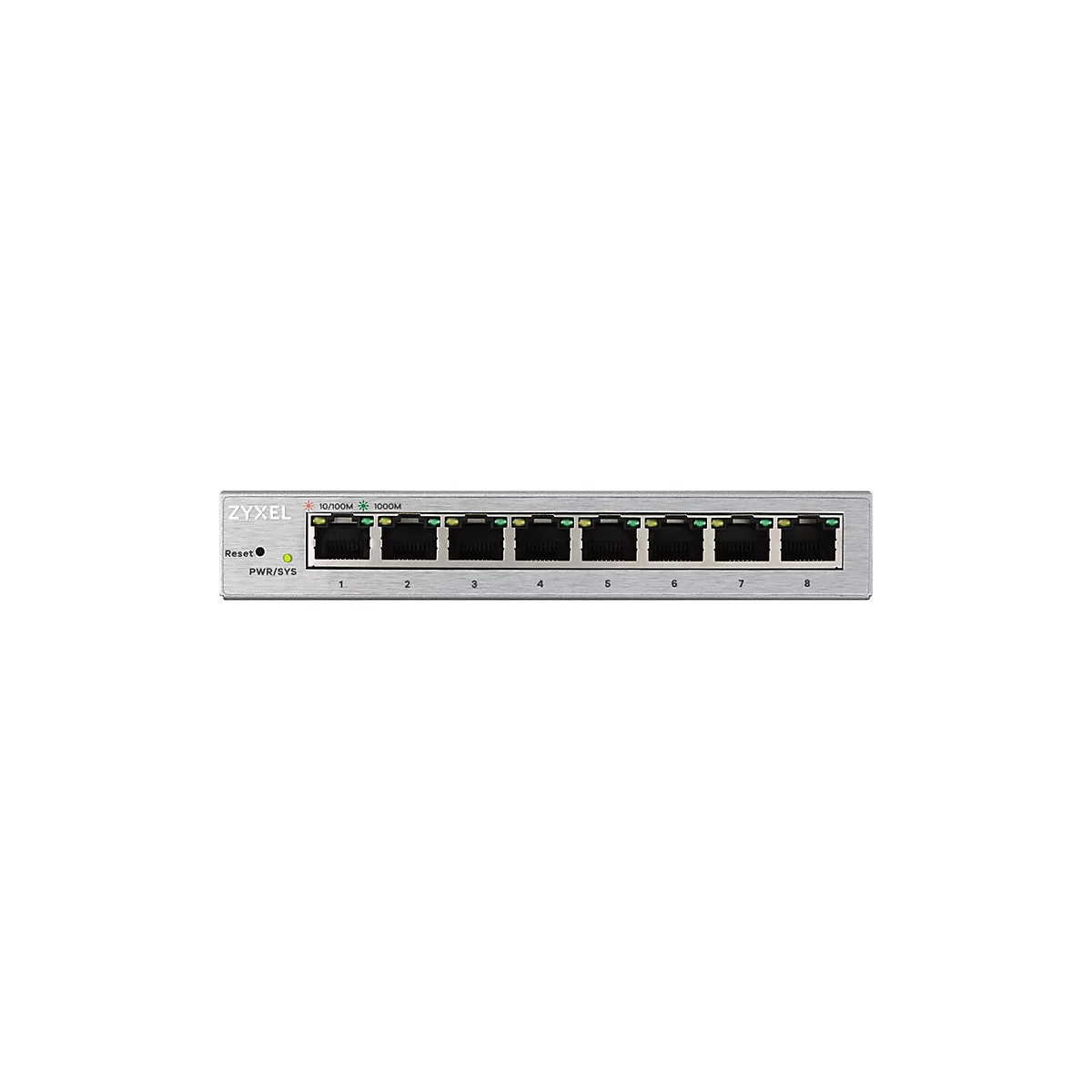Grauer Netzwerk-Switch mit acht Ethernet-Ports. Aufschrift: Zyxel, Reset, PWR/SYS, 10/100M 1000M. Ports sind nummeriert.