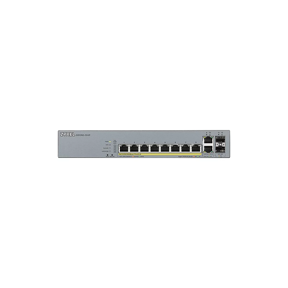 Ein grauer Netzwerk-Switch mit Ports und Kontrollleuchten, beschriftet mit 'ZYXEL GS1350-12HP'.