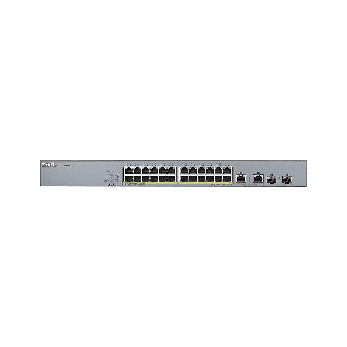 Zyxel GS1350-26HP - Switch - Smart - 24 x 10/100/1000 (PoE+) + 2 x Combo Gigabit SFP (Uplink) - Desktop, an Rack montierbar - PoE+ (375 W)
