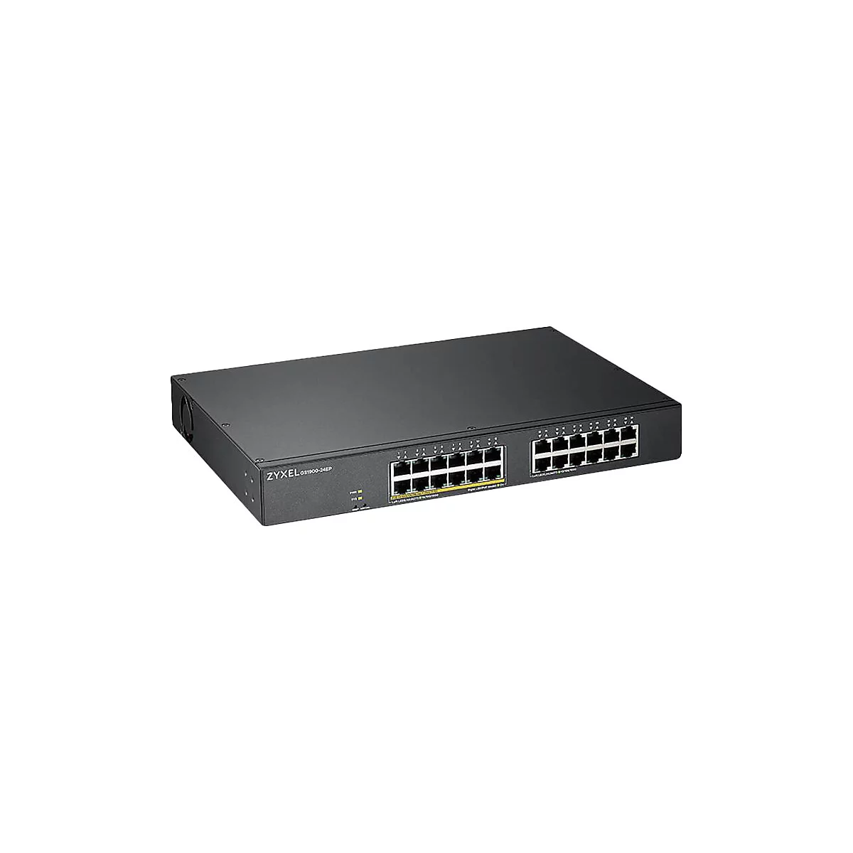 Schwarzer Netzwerk-Switch mit Ports und Beschriftung. Marke: Zyxel. Auf weißem Hintergrund.