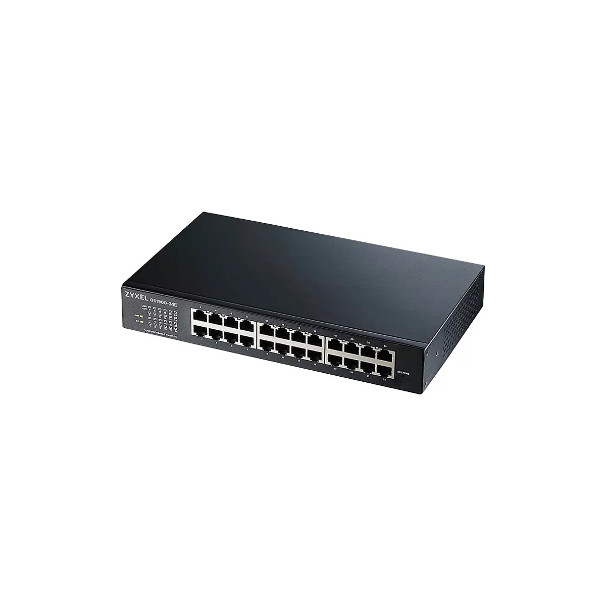 Ein schwarzer Zyxel-Switch mit 24 Ports, Beschriftung GS1900-24E, und Beschriftungen für Ports und Konfiguration.
