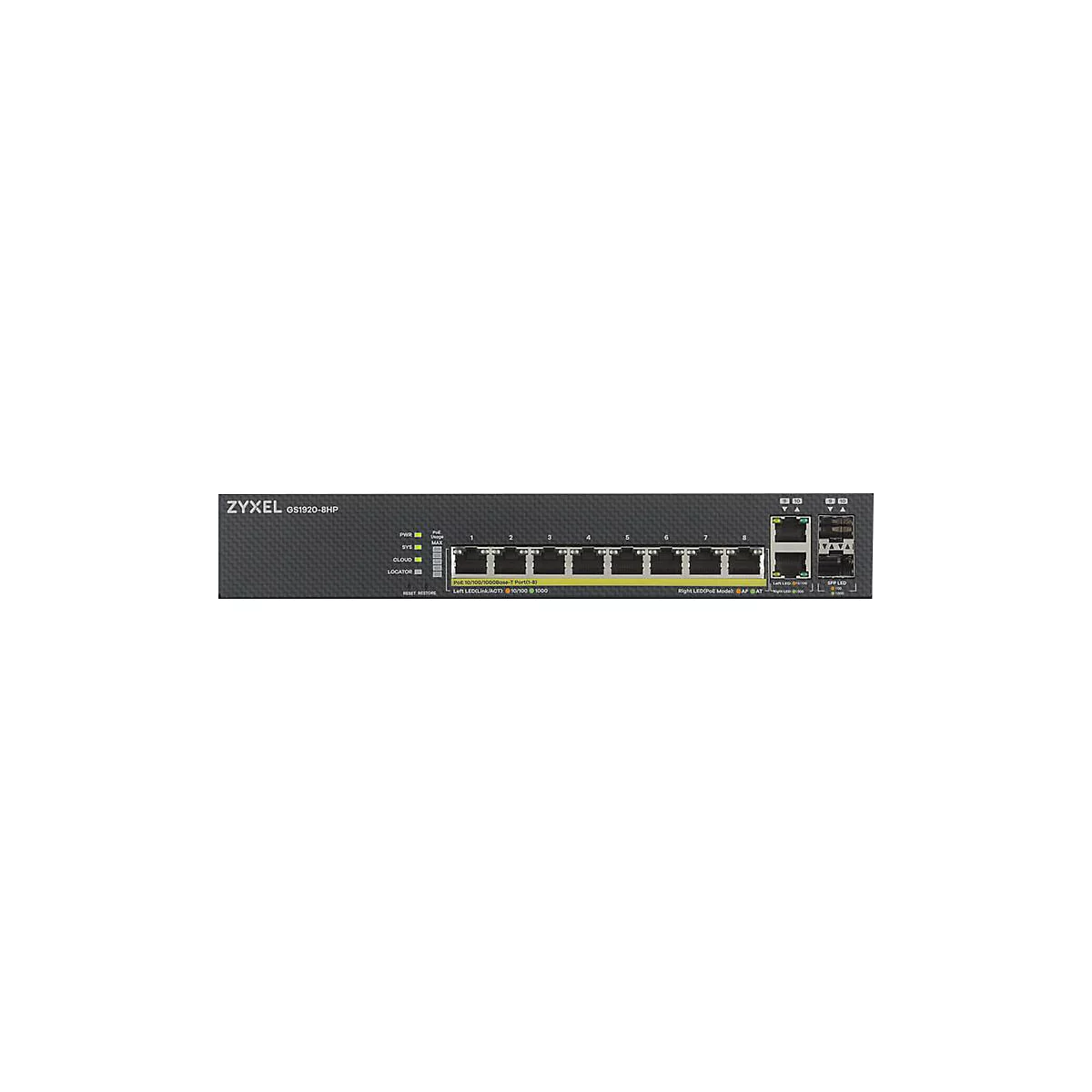 Zyxel GS1920-8HPv2 - Switch - Smart - 8 x 10/100/1000 (PoE+) + 2 x Kombi-Gigabit-SFP - Desktop, wandmontierbar - PoE+ (130 W)