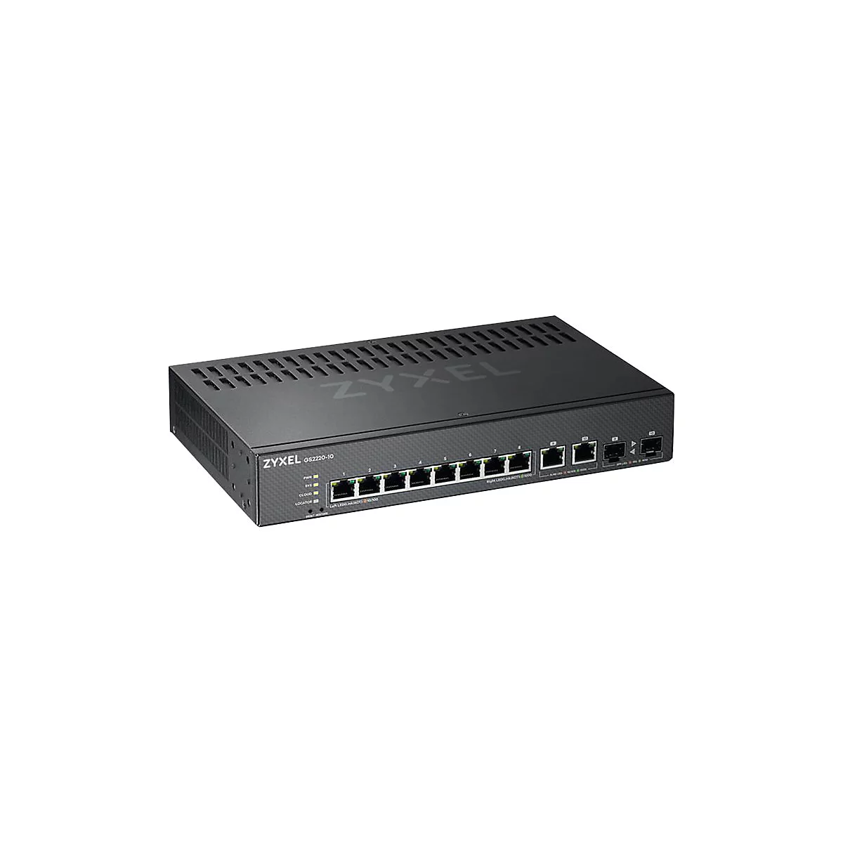 Ein schwarzer Zyxel GS2220-10 Switch, mit Anschlüssen und Anzeigen.