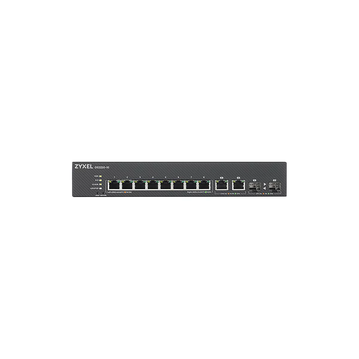 Ein schwarzer Zyxel GS2220-10 Switch mit zahlreichen Anschlüssen und LED-Anzeigen. Auf dem Gerät ist der Produktname deutlich zu sehen.