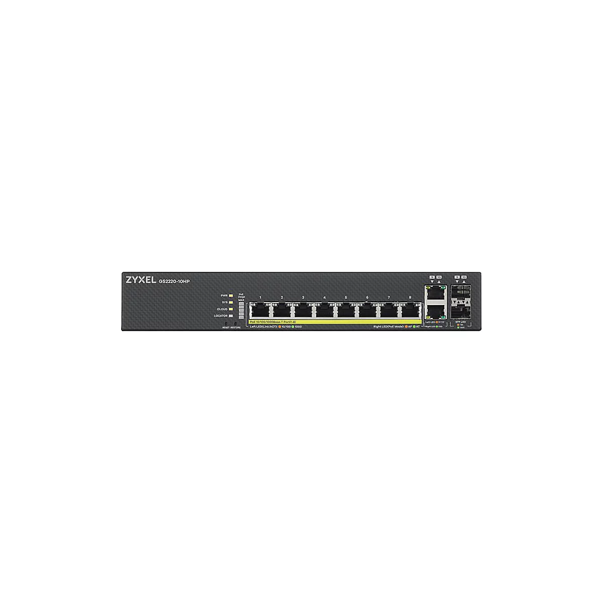 Ein schwarzer Zyxel GS2220-10HP Switch, Ansicht der Vorderseite. Enthält 8 Ethernet-Ports, LEDs und Beschriftungen.