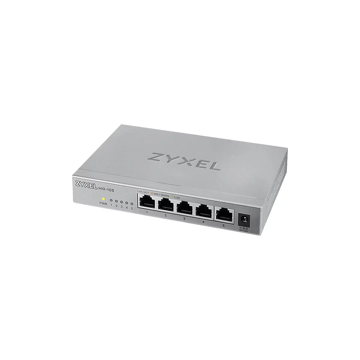 Ein silberner Zyxel MG-105 Netzwerk-Switch mit 5 Anschlüssen, Beschriftungen und LED-Anzeigen.
