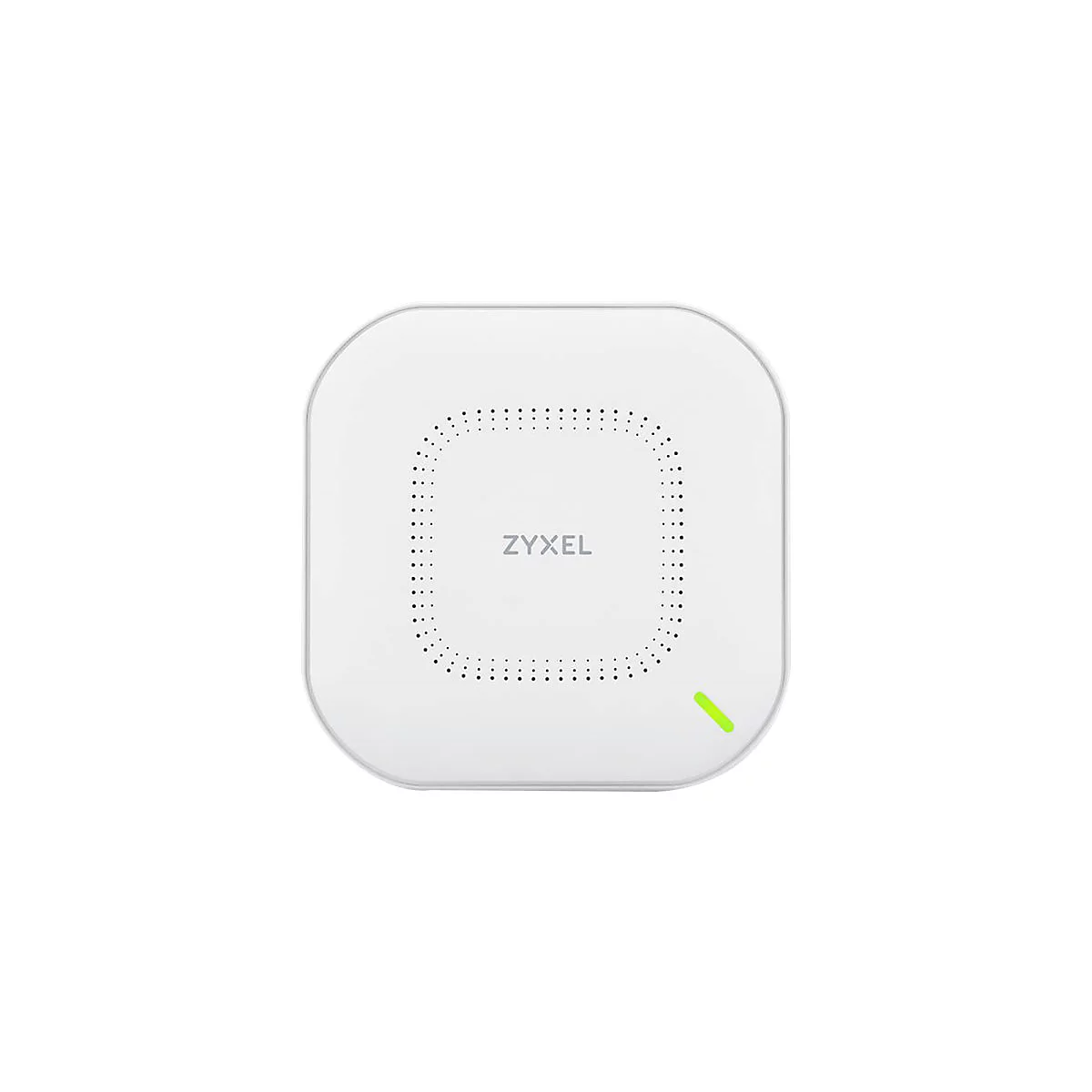 Un appareil blanc et carrÃ© aux coins arrondis. Il porte l'inscription 'ZYXEL' et dispose d'un indicateur LED vert.