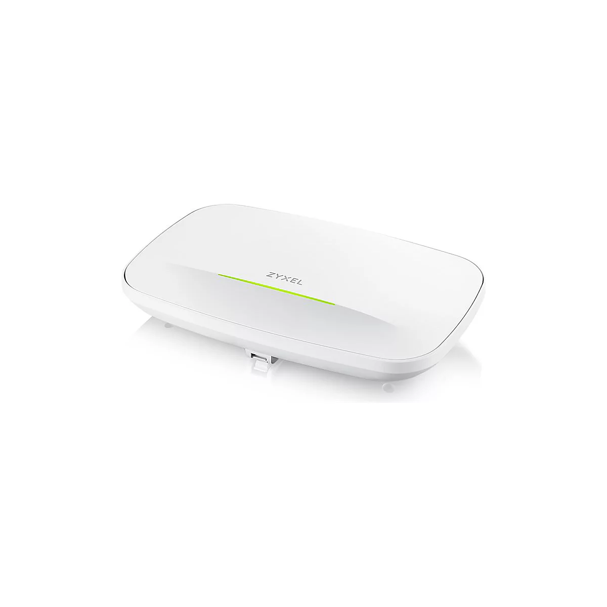 Ein weißer Zyxel WLAN-Router. Oberseite mit grünem Lichtstreifen und Markenschriftzug. Unterseite mit Halterung.