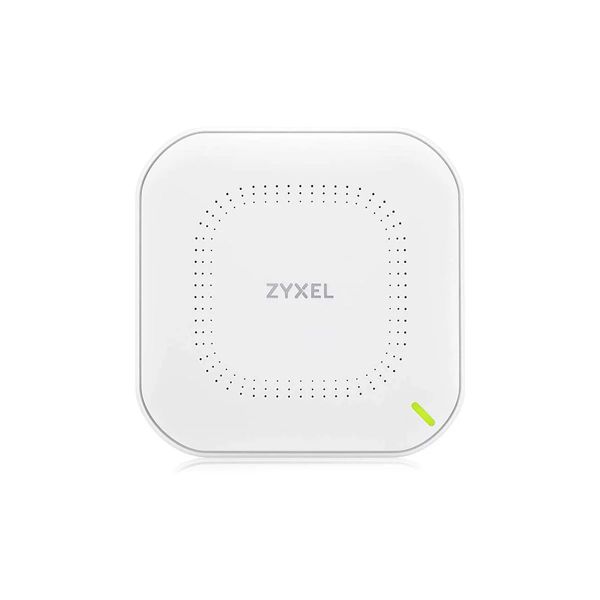Ein weißes, quadratisches Gerät mit abgerundeten Ecken und dem 'ZYXEL'-Schriftzug. Es hat ein Lochmuster und eine grüne LED.