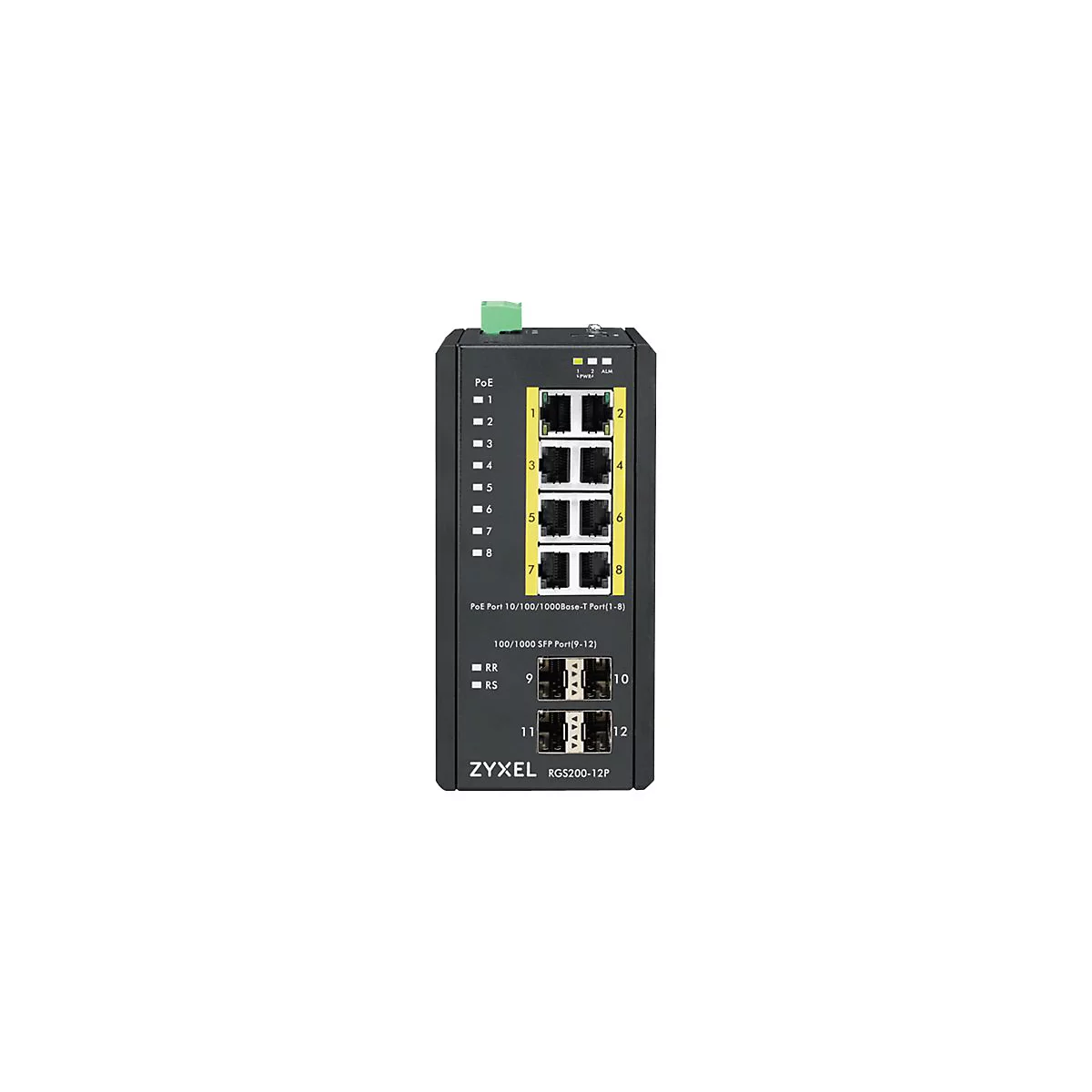 Ein schwarzer ZyXEL RGS200-12P Switch mit Anschlüssen, Beschriftungen und LED-Anzeigen.