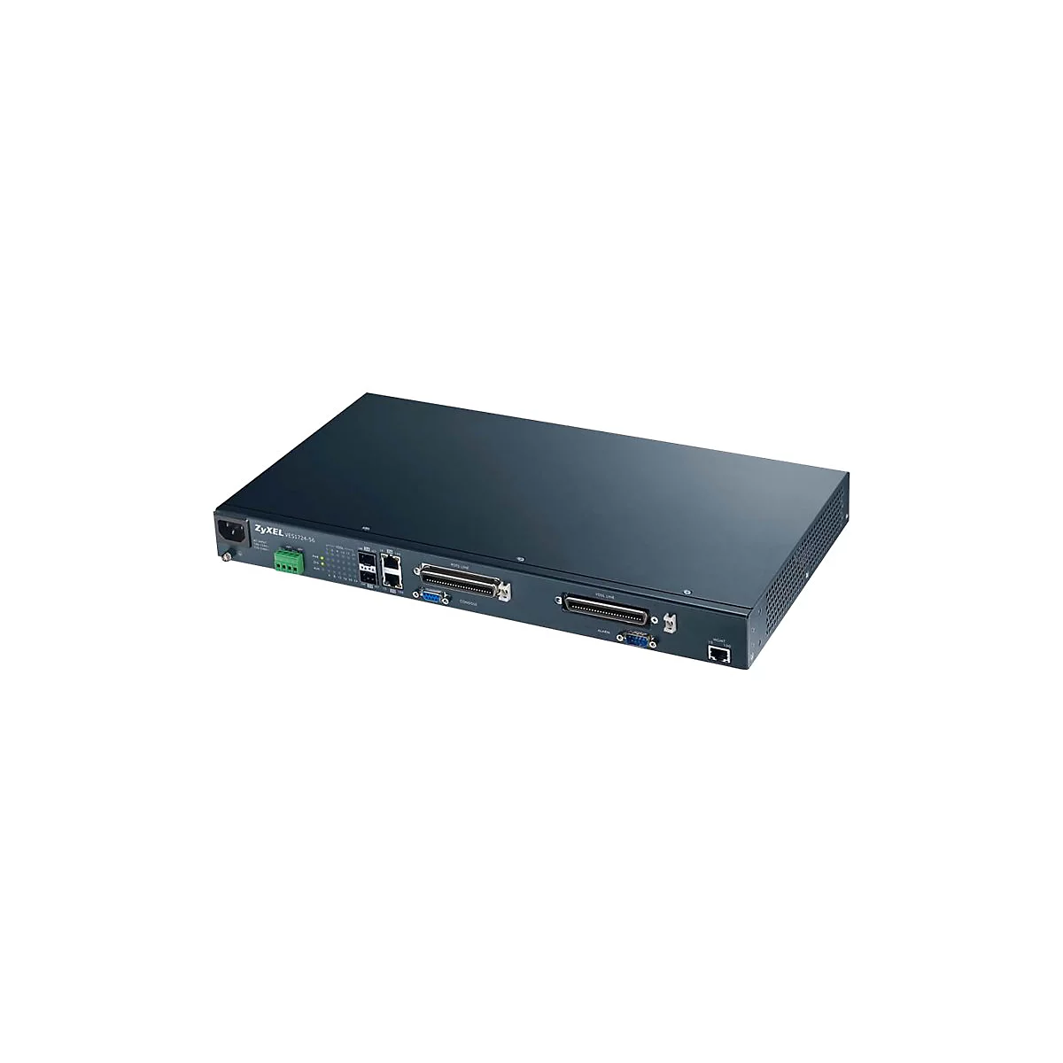 Dunkelgrauer Zyxel-Router mit Anschlüssen, Stromanschluss, Anschlüssen und Beschriftung.