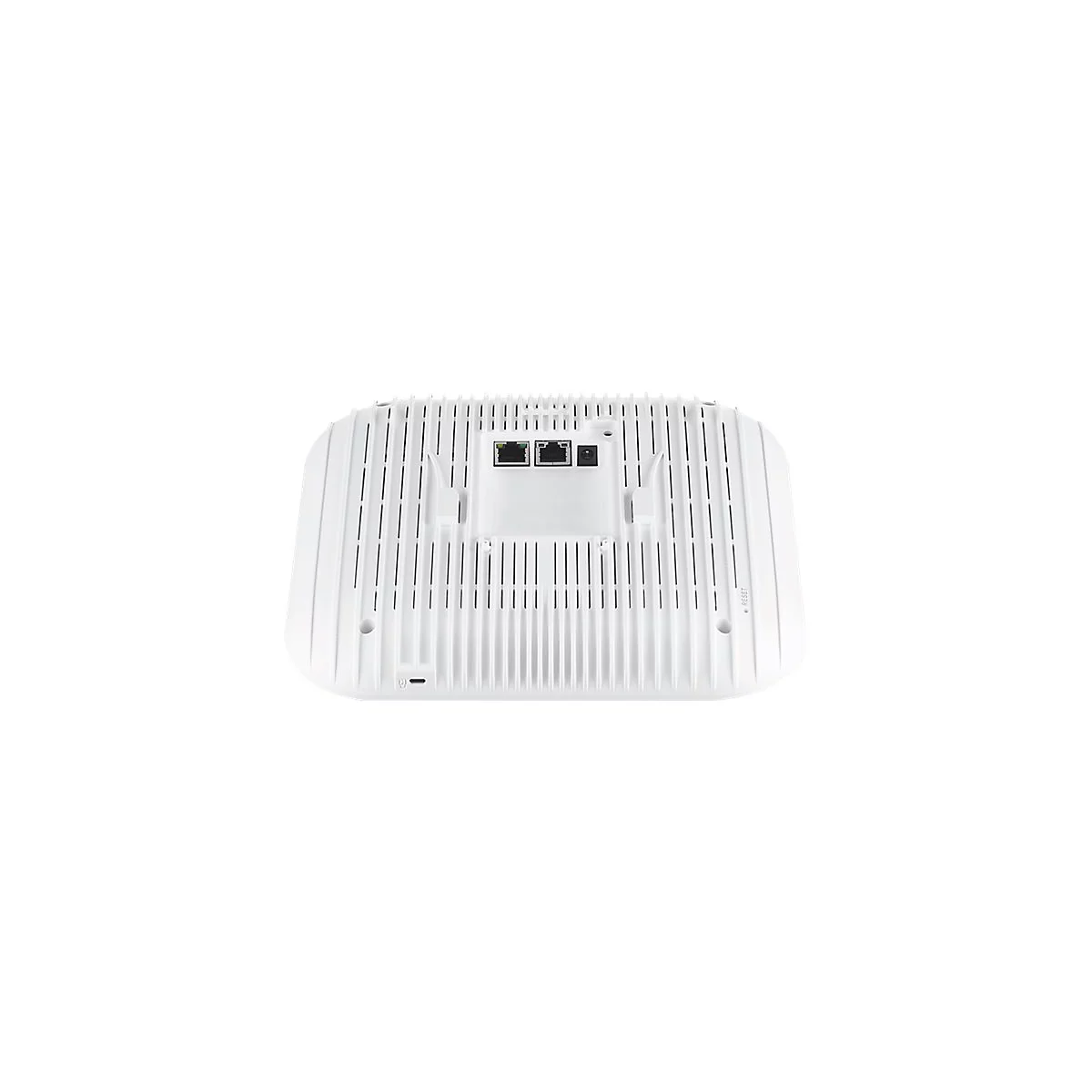 RÃ¼ckseite eines weiÃŸen WLAN-Routers mit LÃ¼ftungsschlitzen, AnschlÃ¼ssen und Reset-Taste.